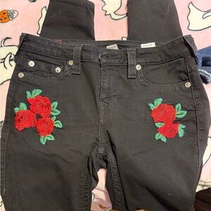 True Religion Black Jeans with Red Rose Embroidery